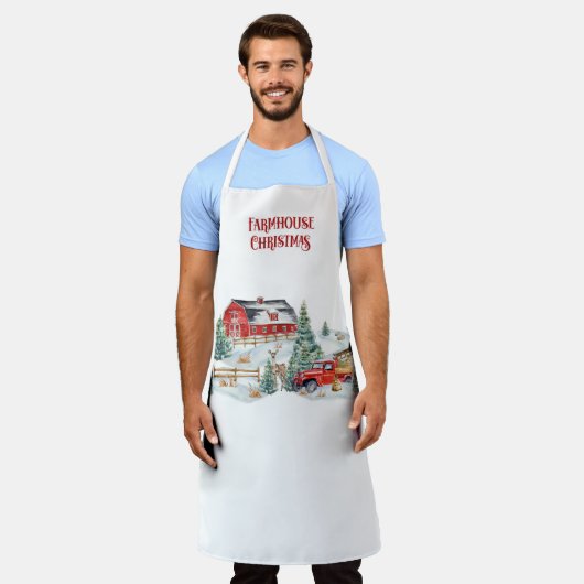 ファームハウスクリスマスバーンとトラックの雪のシーン エプロン (着用した状態)