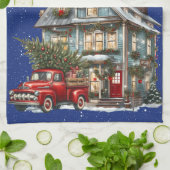 ファームハウスクリスマスレッドトラックへようこそ キッチンタオル (折り畳み)