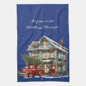 ファームハウスクリスマスレッドトラックへようこそ キッチンタオル (縦)