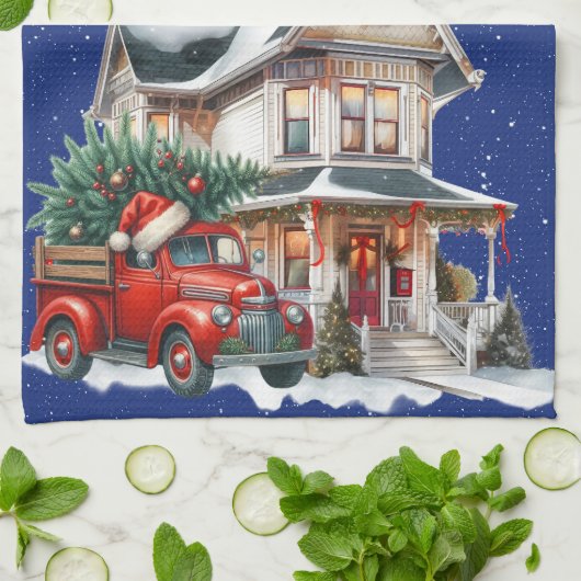 ファームハウスクリスマスレッドトラックへようこそ キッチンタオル (折り畳み)