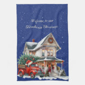 ファームハウスクリスマスレッドトラックへようこそ キッチンタオル (縦)