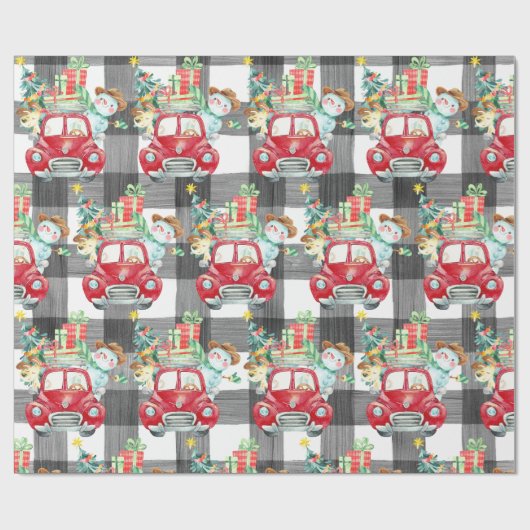 ファームハウスクリスマスヴィンテージレッドトラックとプレイド ラッピングペーパー (フラット)