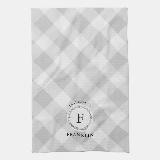 ファームハウスグレーバッファローチェックファパーソナライズされたミリ キッチンタオル (縦)