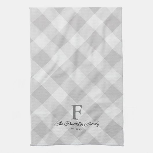 ファームハウスグレーバッファローチェックファパーソナライズされたミリ キッチンタオル (縦)
