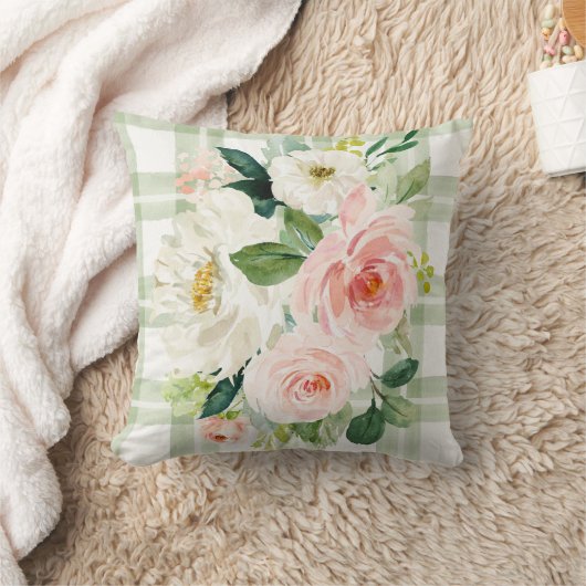 ファームハウスコテージグリーンホワイトプレイドフローラ春 クッション (ブランケット)