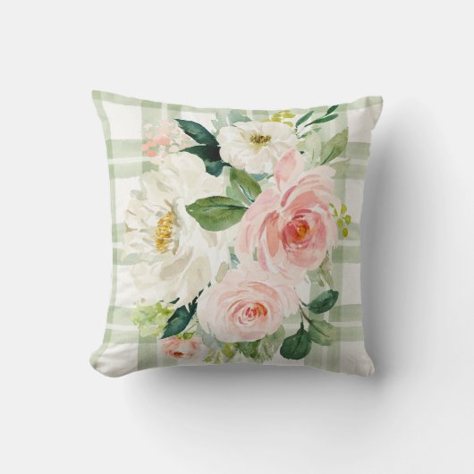 ファームハウスコテージグリーンホワイトプレイドフローラ春 クッション (正面)
