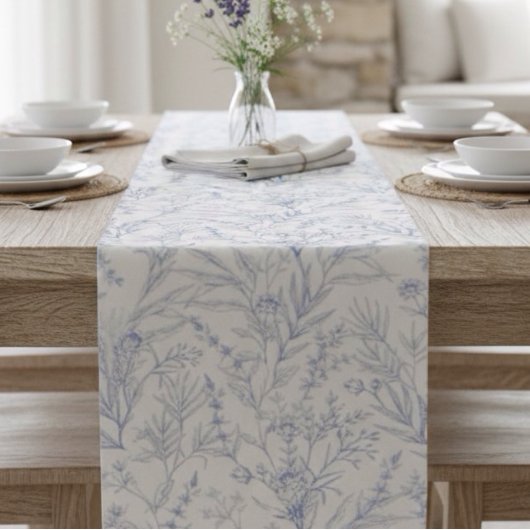ファームハウスコテージブルーアンドホワイトボタニカル ショートテーブルランナー