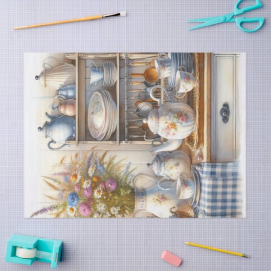 ファームハウスコーヒーポットとワイルドフラワーティッシュペーパー 薄葉紙 (クラフト)