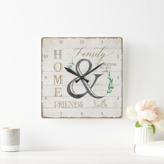 ファームハウスシープラップウッドホームフレンズファミリー名 スクエア壁時計 (ホーム)