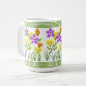ファームハウススタイルの花と緑のギンガム コーヒーマグカップ (正面左)