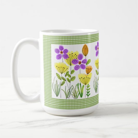 ファームハウススタイルの花と緑のギンガム コーヒーマグカップ (左)