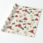 ファームハウススタイルレッドウィンターハウスアンドツリーズ ラッピングペーパー (アンロールド)