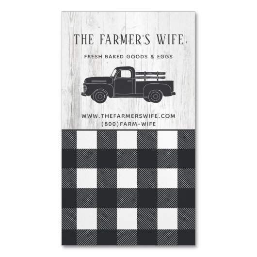 ファームハウススタイル白黒バッファロープレイドウッド マグネット名刺 (正面縦)