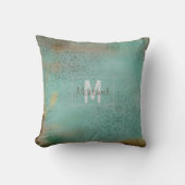 ファームハウススタイル素朴ティール(緑がかった色)モノグラム クッション (正面)