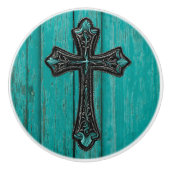 ファームハウスターコイズティール（緑がかった色）ウエスタンカントリークロス セラミックノブ (正面)