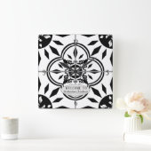 ファームハウスダマスクタイルパターンウッドファミリー名 スクエア壁時計 (ホーム)