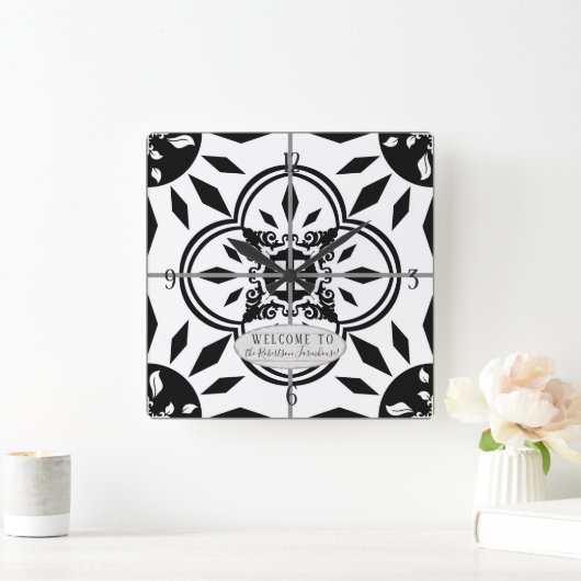 ファームハウスダマスクタイルパターンウッドファミリー名 スクエア壁時計 (ホーム)