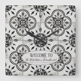 ファームハウスダマスクタイルパターンウッドファミリー名 スクエア壁時計