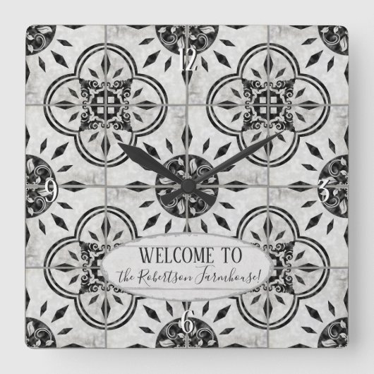 ファームハウスダマスクタイルパターンウッドファミリー名 スクエア壁時計 (正面)