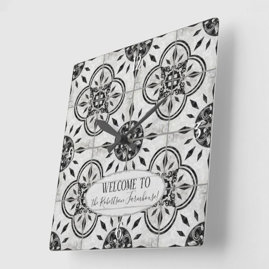 ファームハウスダマスクタイルパターンウッドファミリー名 スクエア壁時計 (傾斜)