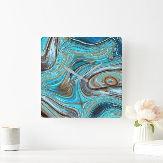 ファームハウスティール(緑がかった色)ブルーウッドグレインターコイズスワーズ スクエア壁時計 (ホーム)