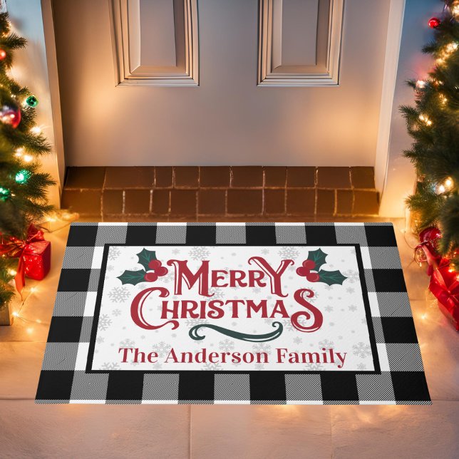ファームハウスバッファロープレイドメリークリスマスカスタム ドアマット (Farmhouse Buffalo Plaid Merry Christmas Personalized Holiday Doormat)