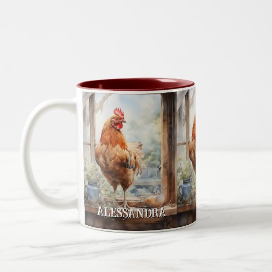 ファームハウスパーソナライズされたチキンの窓敷居 ツートーンマグカップ (左)