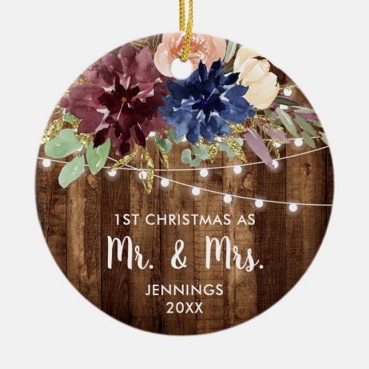 ファームハウスパーソナライズされたライト第1回クリスマスミセス セラミックオーナメント (正面)