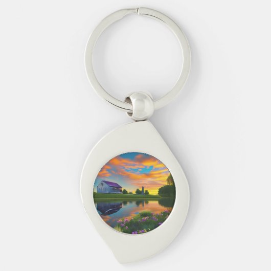 ファームハウスパープルルーフポンドアットサンライズ キーホルダー (正面)