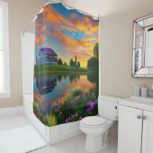 ファームハウスパープルルーフポンドアットサンライズ シャワーカーテン (インサイチュ)