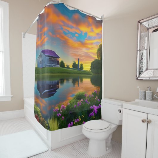 ファームハウスパープルルーフポンドアットサンライズ シャワーカーテン (インサイチュ)