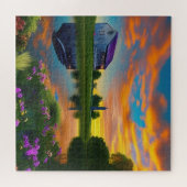 ファームハウスパープルルーフポンドアットサンライズ ジグソーパズル (横)