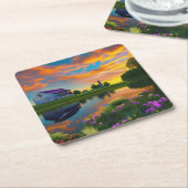 ファームハウスパープルルーフポンドアットサンライズ スクエアペーパーコースター (アングル)