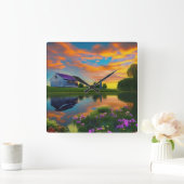 ファームハウスパープルルーフポンドアットサンライズ スクエア壁時計 (ホーム)