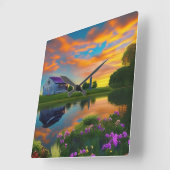 ファームハウスパープルルーフポンドアットサンライズ スクエア壁時計 (傾斜)