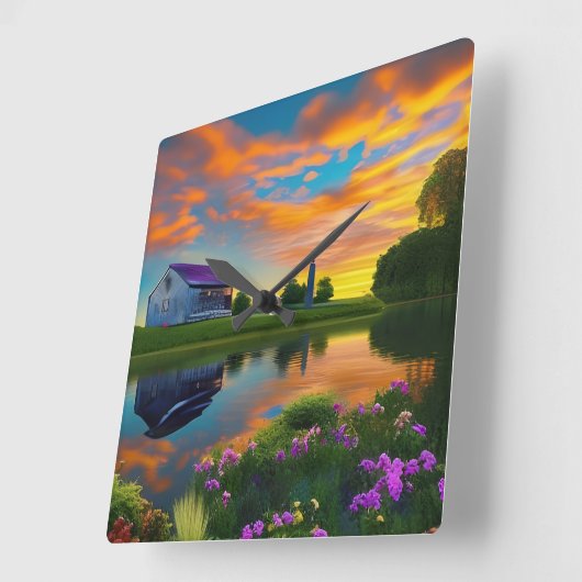 ファームハウスパープルルーフポンドアットサンライズ スクエア壁時計 (傾斜)