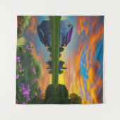 ファームハウスパープルルーフポンドアットサンライズ タペストリー (正面(横))