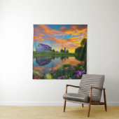 ファームハウスパープルルーフポンドアットサンライズ タペストリー (インサイチュ)