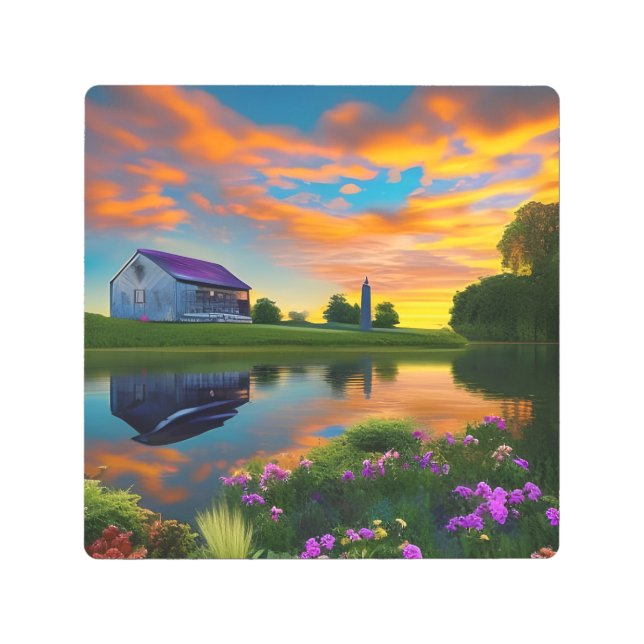 ファームハウスパープルルーフポンドアットサンライズ メタルプリント (正面)