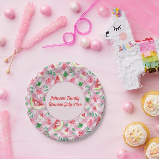 ファームハウスピクニックスイカハートピンクギンガム ペーパープレート (パーティー)