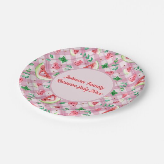 ファームハウスピクニックスイカハートピンクギンガム ペーパープレート (アングル)