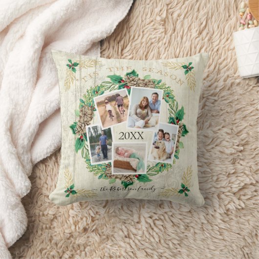 ファームハウスファミリーフォトウォーターカラーパインリースウッド クッション (ブランケット)