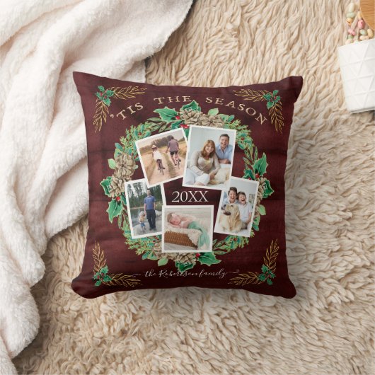 ファームハウスファミリーフォトウォーターカラーパインリース金ゴールド クッション (ブランケット)