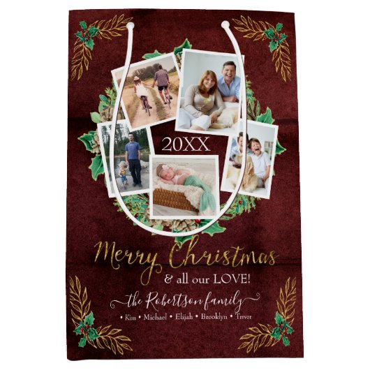 ファームハウスファミリーフォトメリークリスマスリースウッド ミディアムペーパーバッグ (正面)