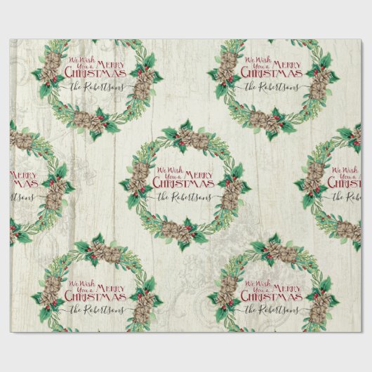 ファームハウスファミリーメリークリスマスリースパインコーン ラッピングペーパー (フラット)