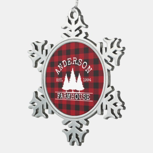 ファームハウスファミリー名レッドバッファロープレイド スノーフレークピューターオーナメント (右)