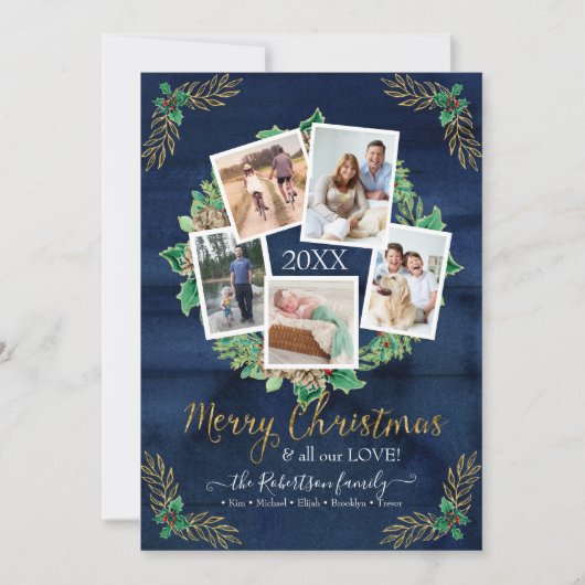 ファームハウスフォトリース素朴クリスマスネイビーウッド シーズンカード (正面)