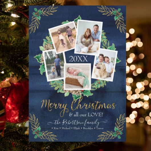 ファームハウスフォトリース素朴クリスマスネイビーウッド シーズンカード