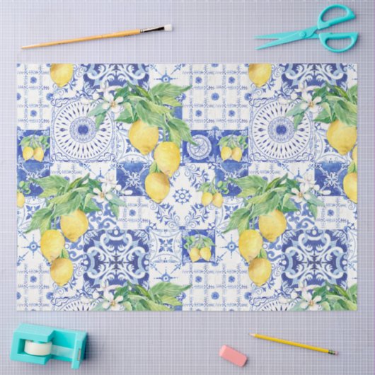 ファームハウスフランスのレモンブルーnホワイトタイルデコップページ 薄葉紙 (クラフト)