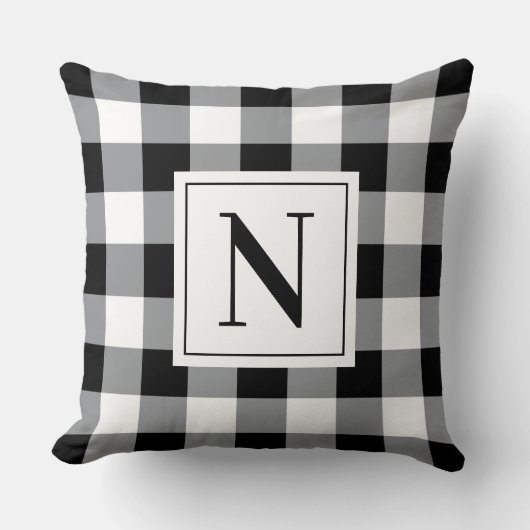 ファームハウスブラックギンガムチェックプレイドモノグラム クッション (正面)